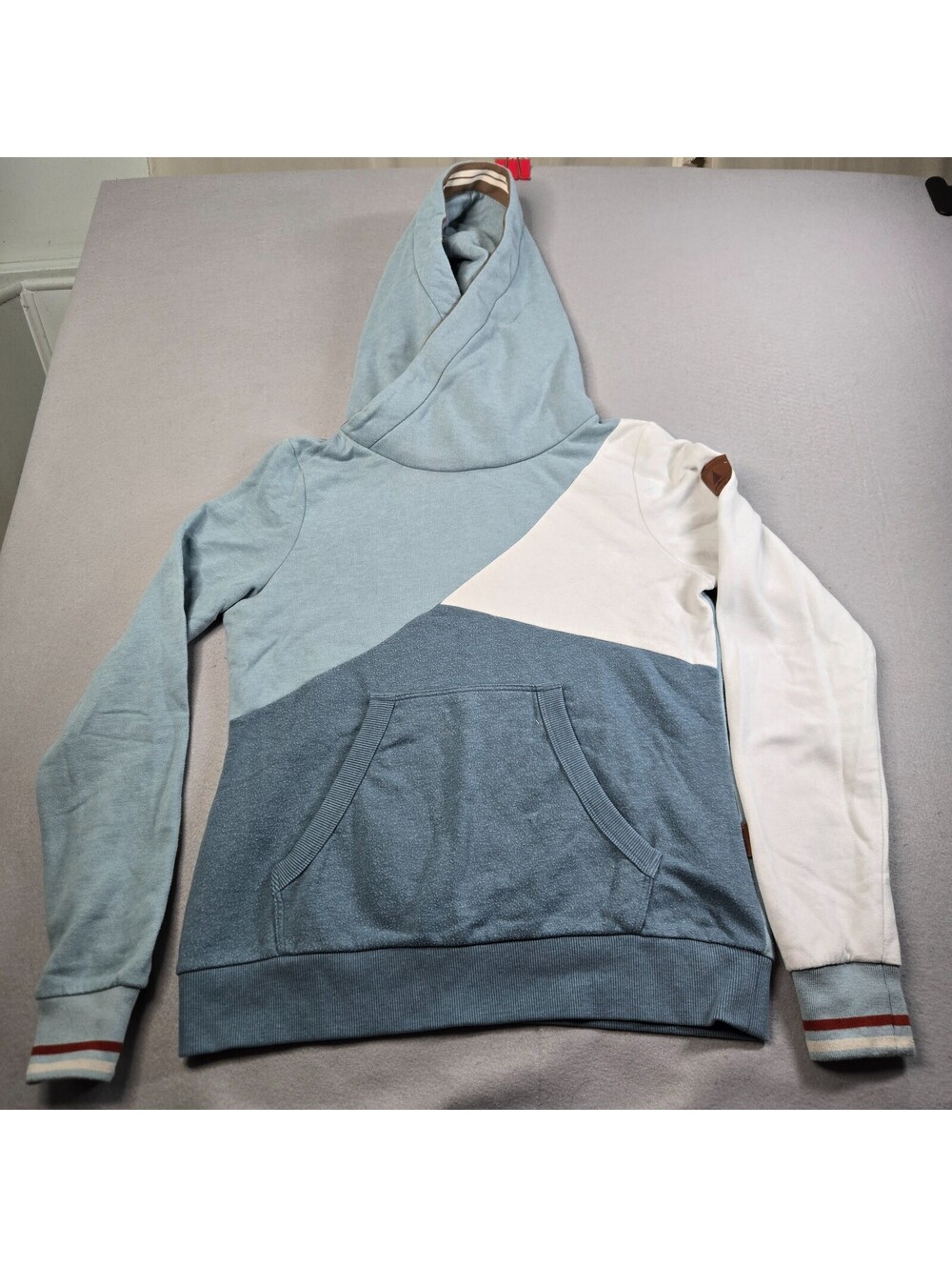 Wanakome Hoodie Womens Large Green Blue White Colorblock Cowl Neck Pullover